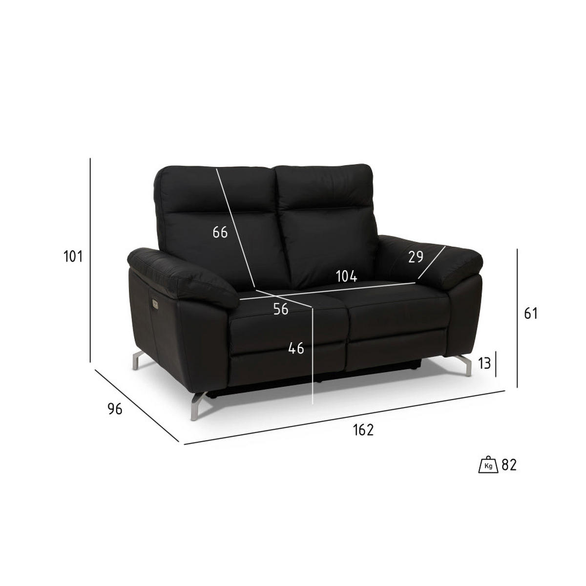ZWEISITZER-SOFA Echtleder Schwarz - Schwarz, Leder/Metall (162/101/96cm) - Furnhouse
