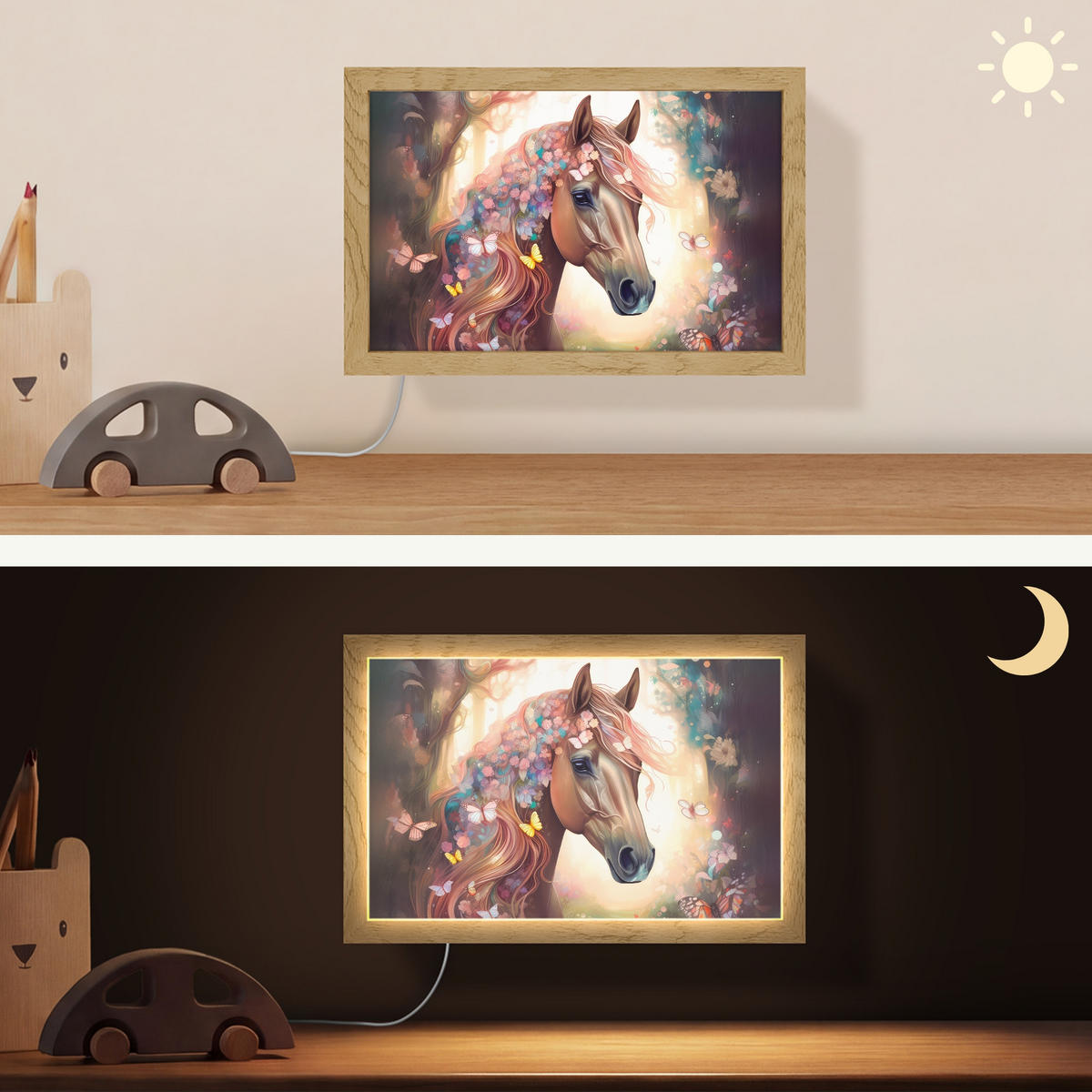 NÁSTĚNNÁ LAMPA Kůň - Příroda - Květiny - Motýli - Les 30x20 cm - tmavě hnědá, kompozitní dřevo (30/20/8cm) - OnlyWow