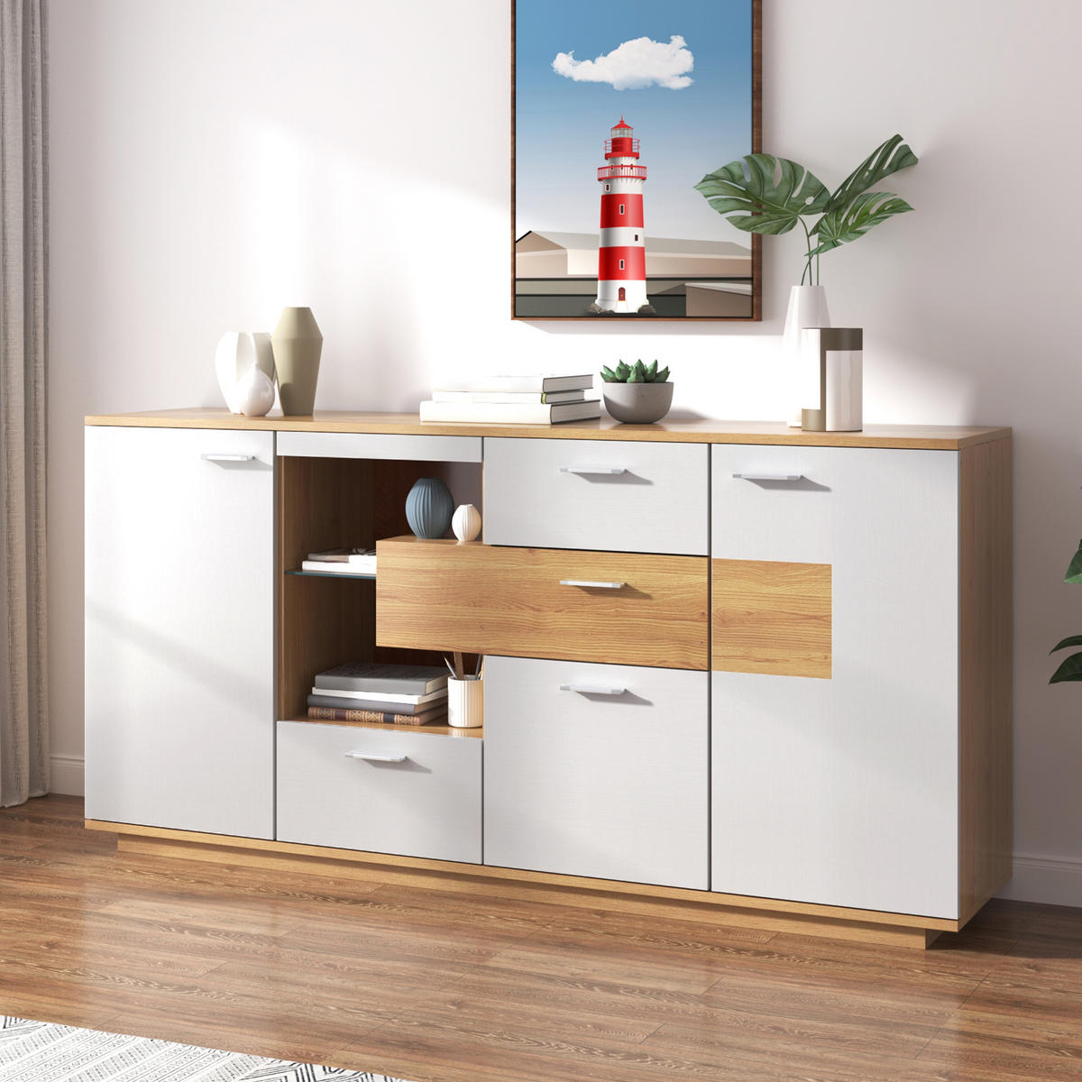 SIDEBOARD 160x40x77 cm LED 2 Türen - Naturfarben, Holz (160/77/40cm) - LEBENLANG