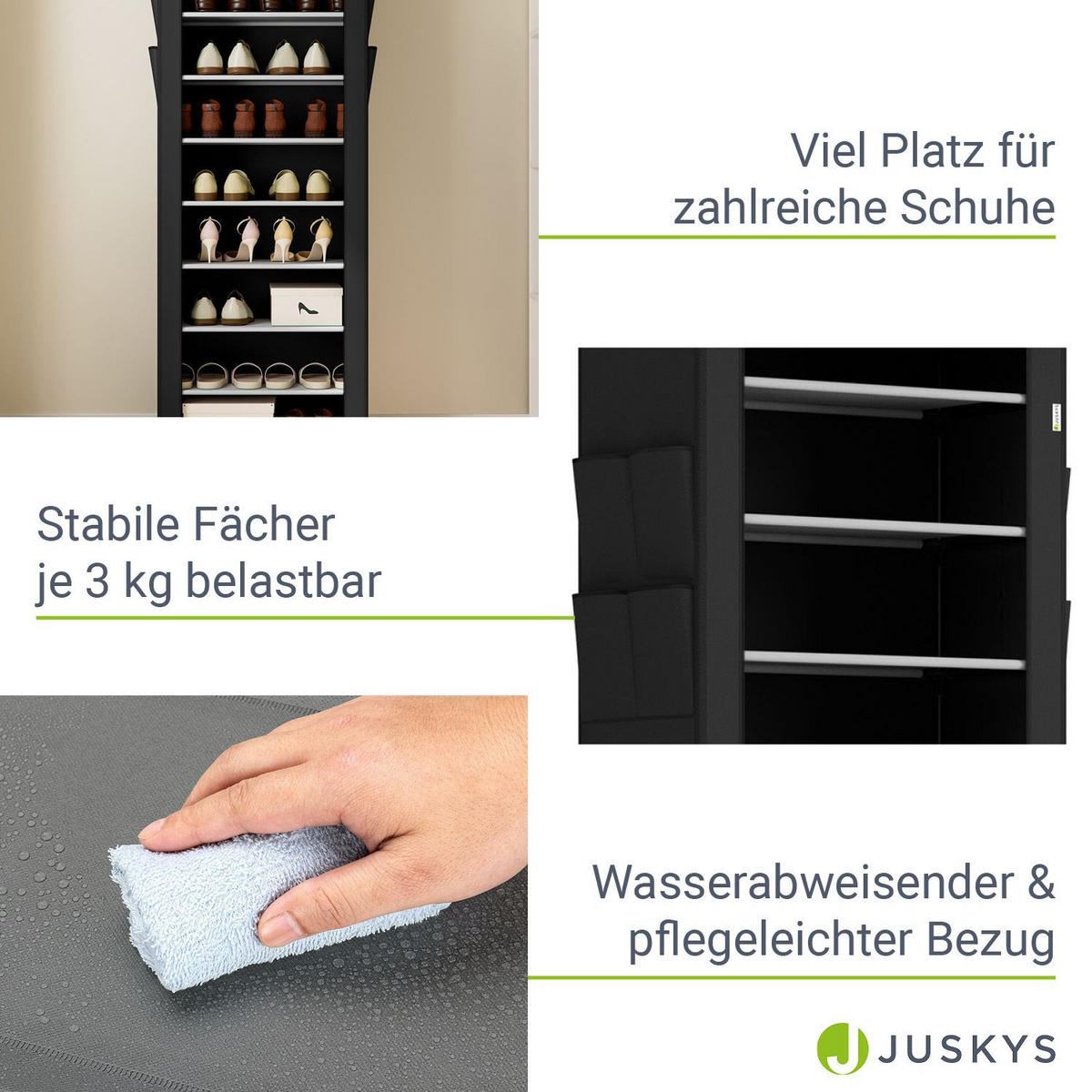 SCHUHREGAL mit Seitentaschen 160 x 58 cm schwarz - Schwarz, Textil (58/160/28cm) - Juskys