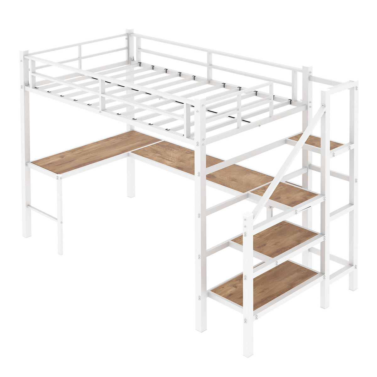 HOCHBETT 90/190 mit L-förmigem Schreibtisch, Stauraumtreppe und Regalen - Weiß, Holzwerkstoff/Metall (90/200cm) - EVRYAE