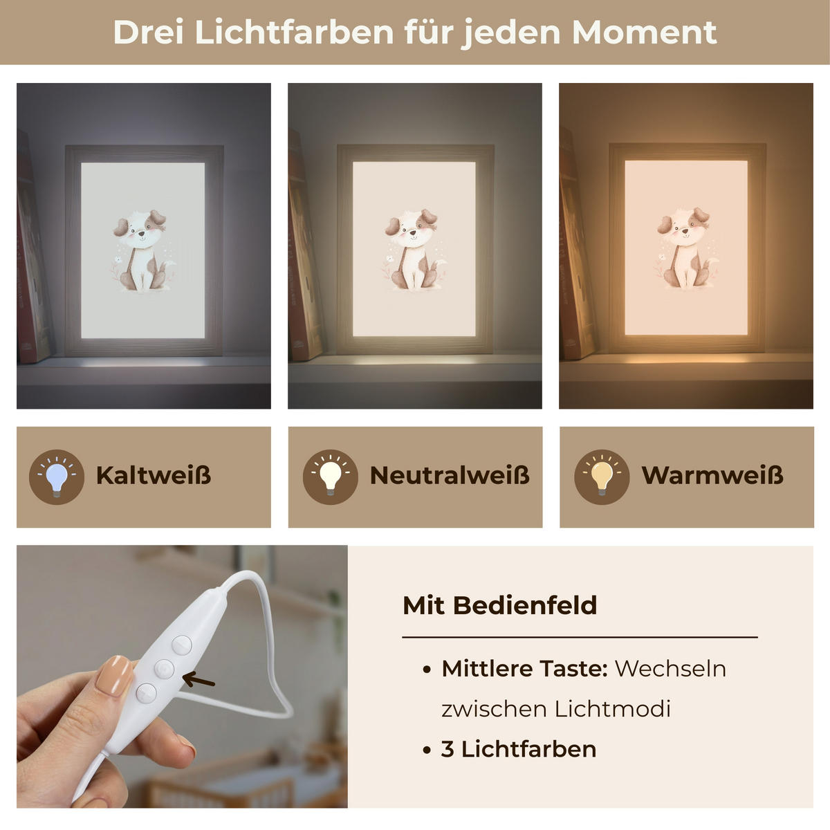 NACHTTISCHLAMPE Hund - Gefleckt - Braun 15x20 cm - Beige, Holzwerkstoff (8/15/20cm)