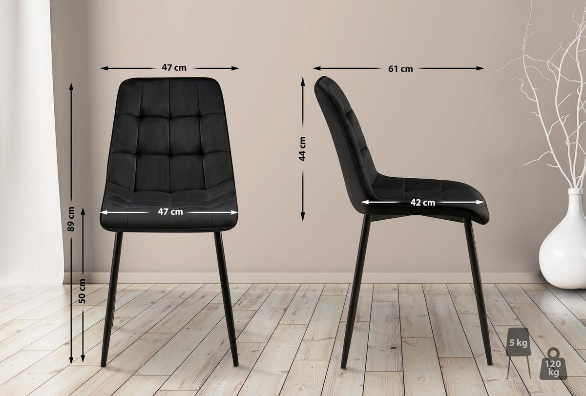 STUHL 2er Set Samt Schwarz - Schwarz, Textil/Metall (47/89/61cm) - CLP