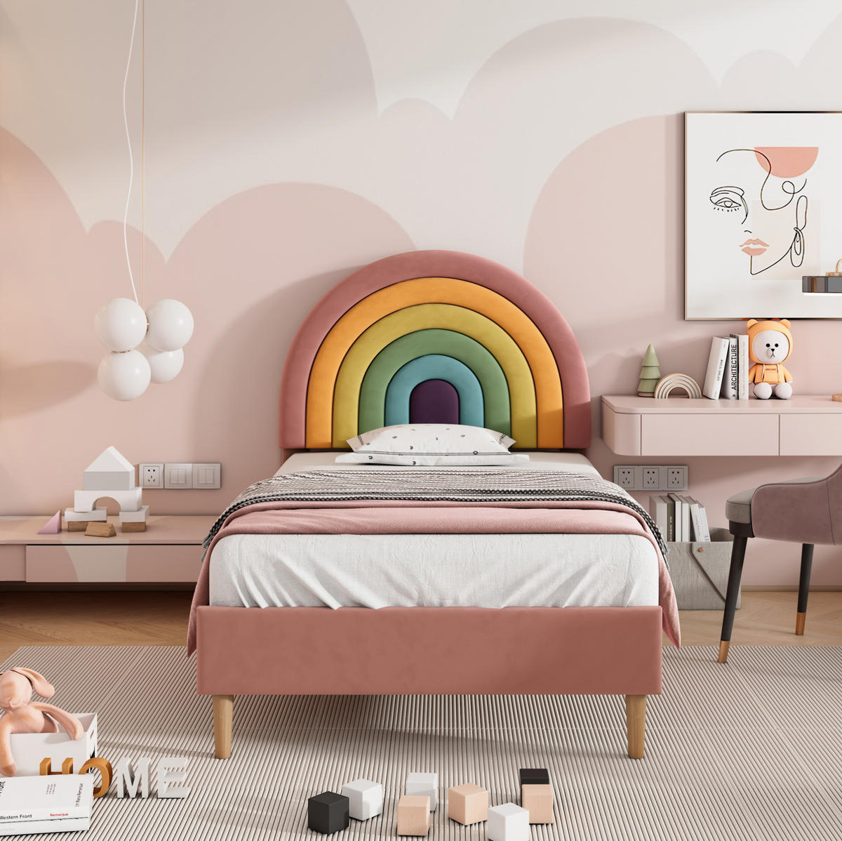 POLSTERBETT 90/200 cm mit Lattenrost, höhenverstellbarem Kopfteil und Regenbogen-Design aus Samt, Pink - Rosa, Textil (90/200cm) - Redom