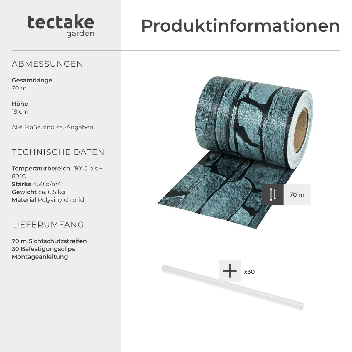 SICHTSCHUTZSTREIFEN ,leichte Montage, inklusive Befestigungsclips,schiefer - Schieferfarben, Kunststoff (7000/19cm) - tectake