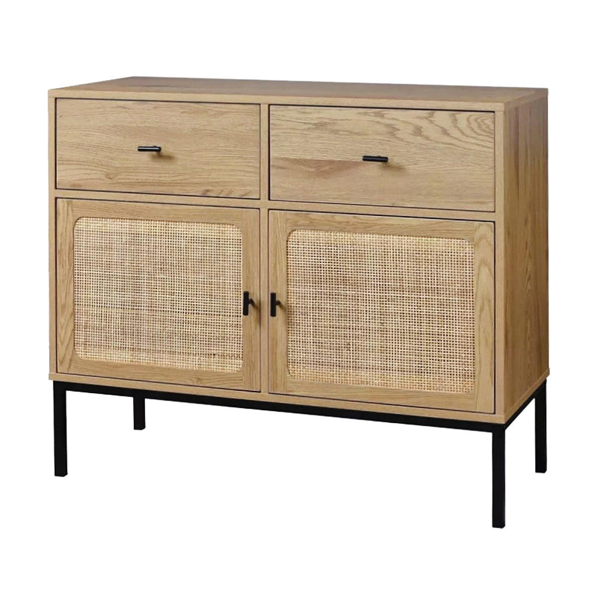 KOMMODE 2 Türen und 2 Schubladen mit Rattangeflecht - L90cm - Eiche Bianco, Holzwerkstoff (39/79/45cm) - Calicosy