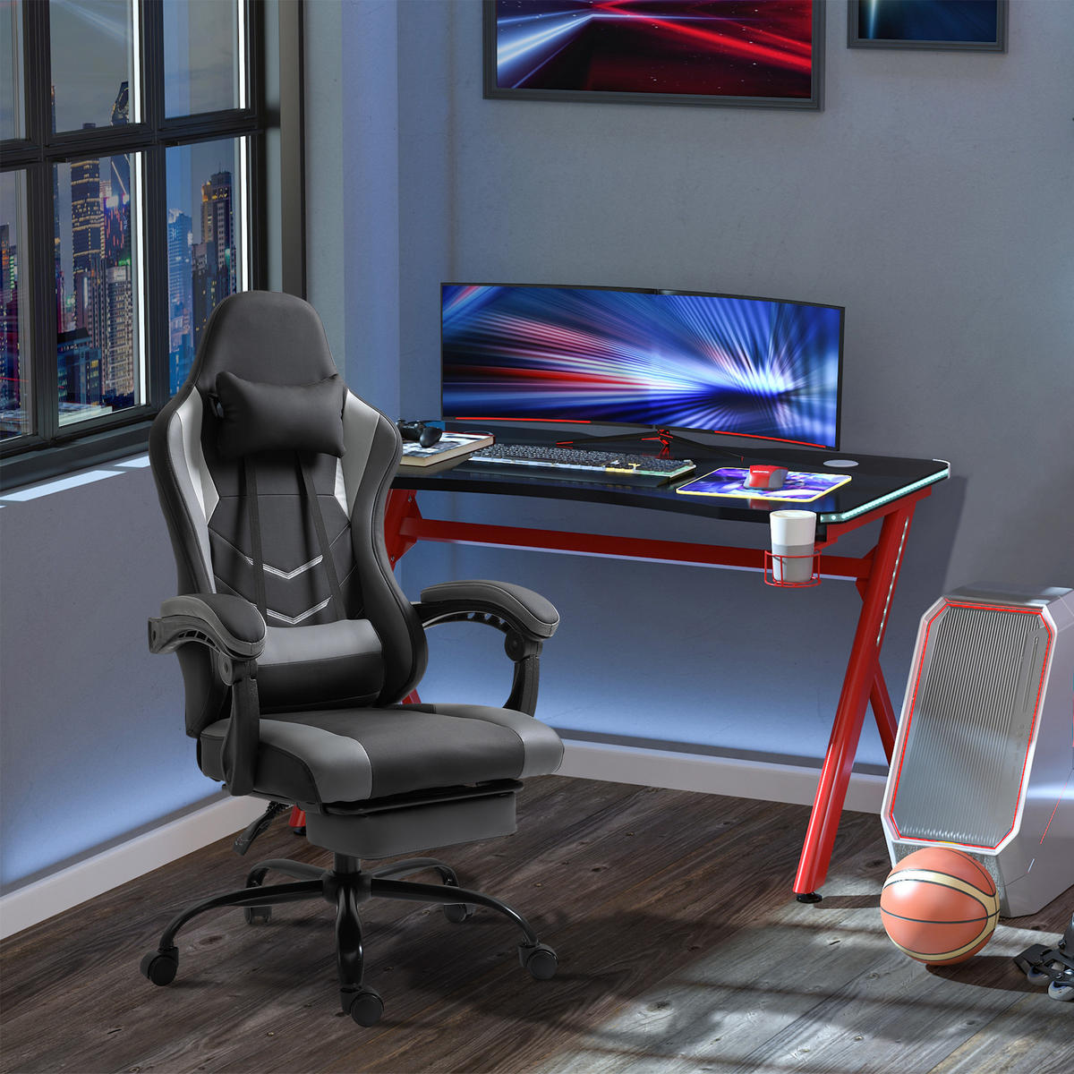 ERGONOMISCHER, Gaming Stuhl, Schwarz - Schwarz, Leder (52/128/62cm) - Vinsetto