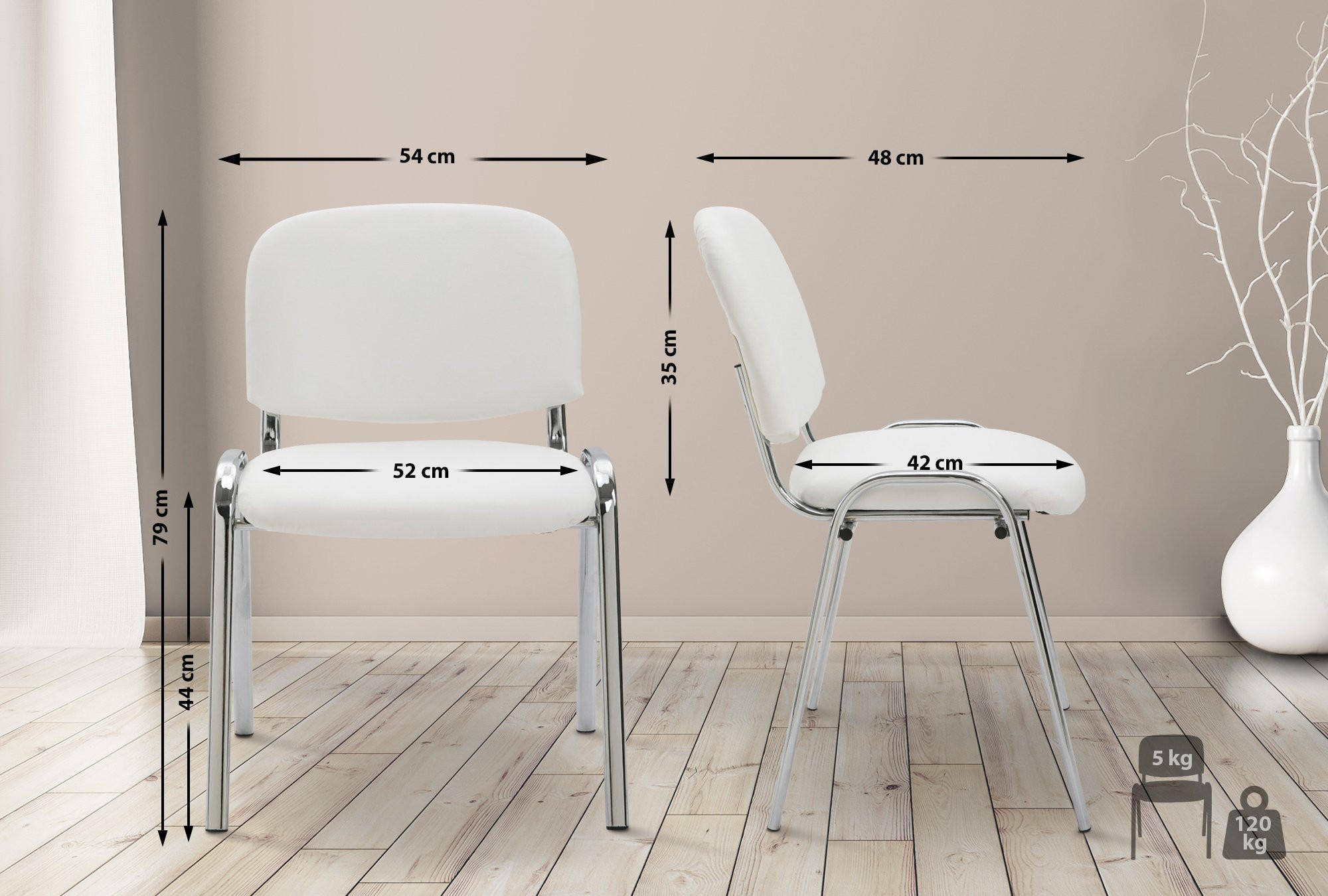 BESUCHERSTUHL Lederlook weiß - Chromfarben/Weiß, Textil/Metall (54/79/48cm) - CLP