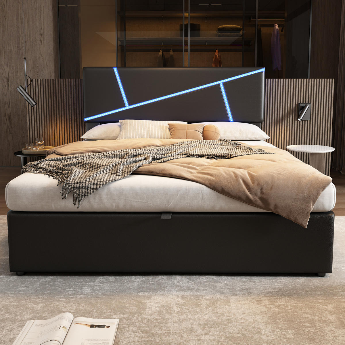 BETT mit LED und Stauraum PU Schwarz - Schwarz, Metall (140/200cm) - Meubliv