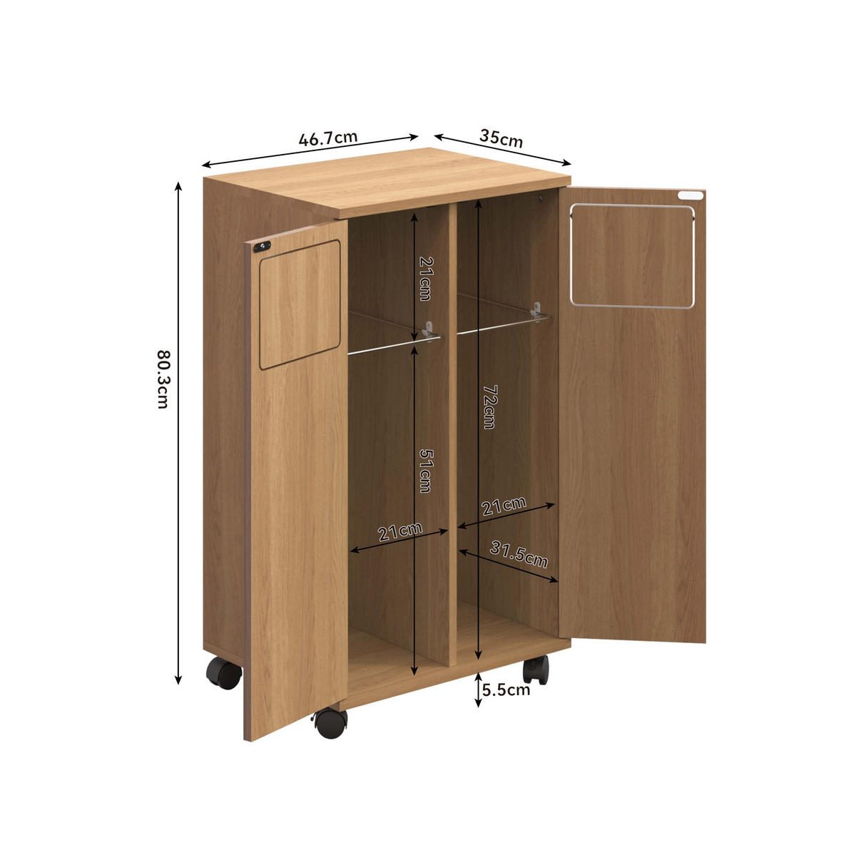 MÜLLTRENNSCHRANK aus MDF 46x35x80 cm in Natur mit 2 Fächern, Rollen und Edelstahlhalter - Naturfarben, Holzwerkstoff (46/80/35cm) - IVMEU