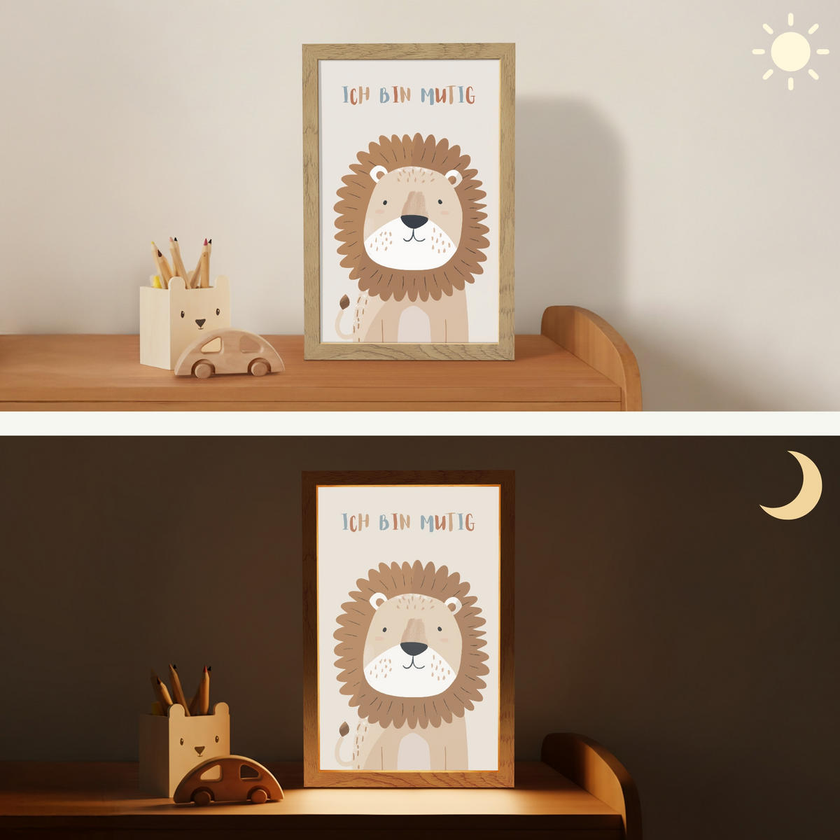 NACHTTISCHLAMPE Löwe - Beige - Tier - Mutig - Zitat 20x30 cm - Beige, Holzwerkstoff (8/20/30cm)