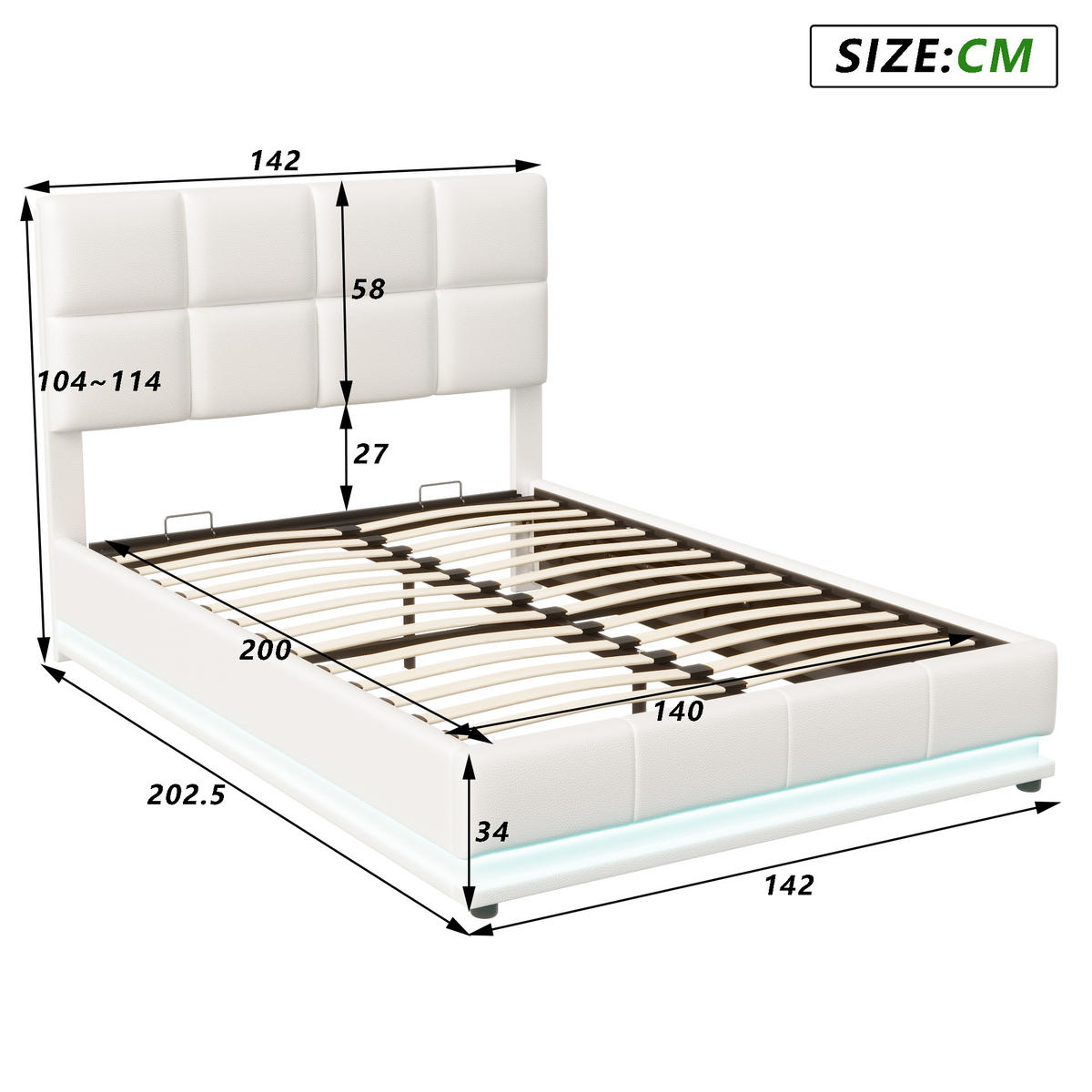 POLSTERBETT 140x190 cm mit LED, Bettkasten, Lattenrost, PU, Weiß - Schwarz, Metall (140/200cm)