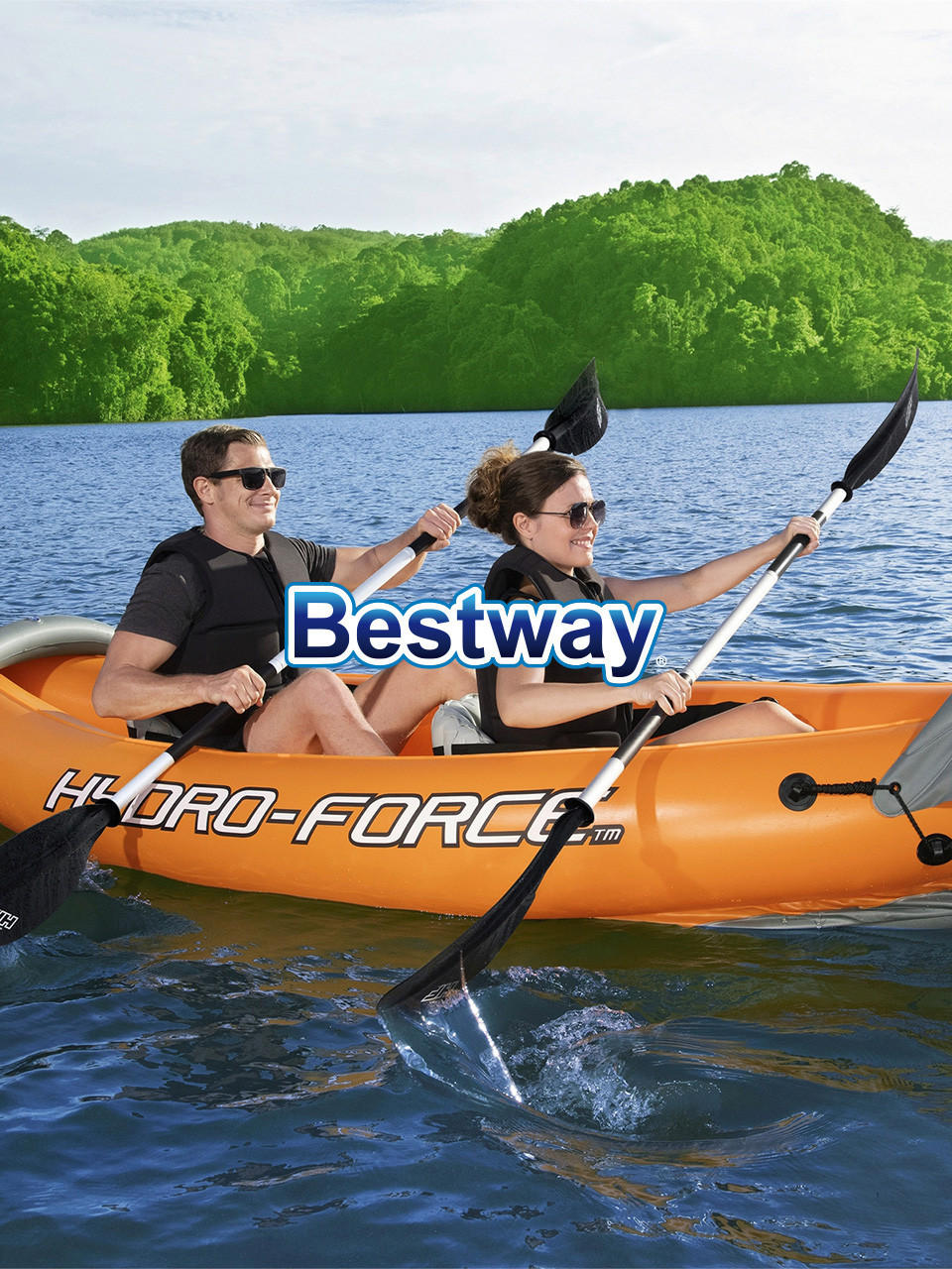 2 personen auf einem kajak mit sonnenbrille auf einem see