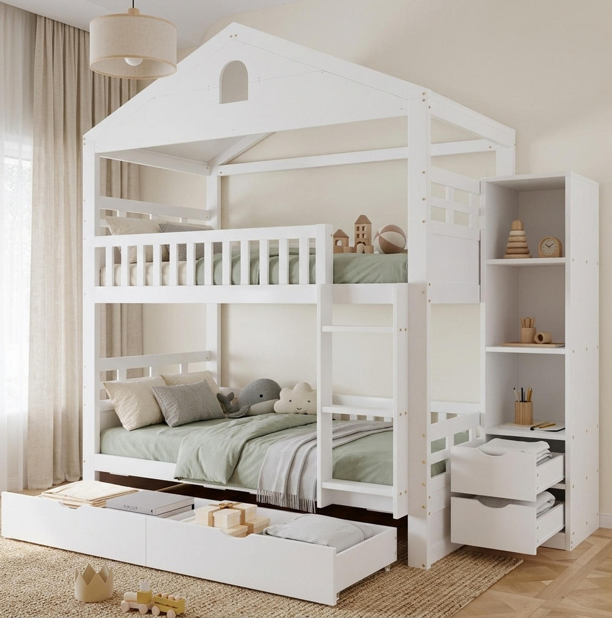 ETAGENBETT aus Kiefernholz 90x200 cm Weiß mit Hausdesign, 2 Schubladen und seitlichem Stauraum - Weiß, Holz (90/200cm) - Modfu
