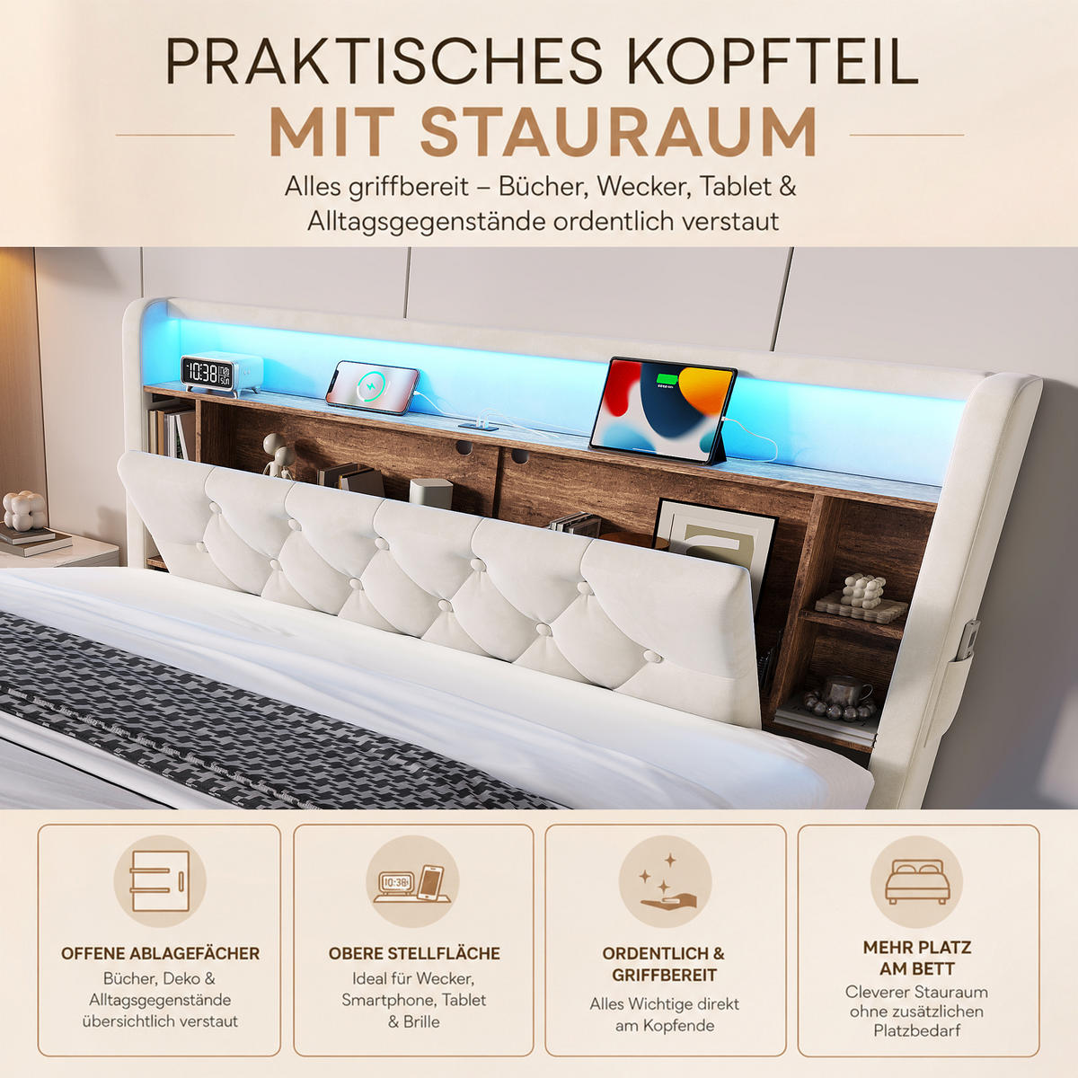 BOXBETT 160/200 mit LED/USB, Kopfteil-Regal & Hydraulik, Samt, Beige - Beige, Holz (160/200cm) - LVHOM
