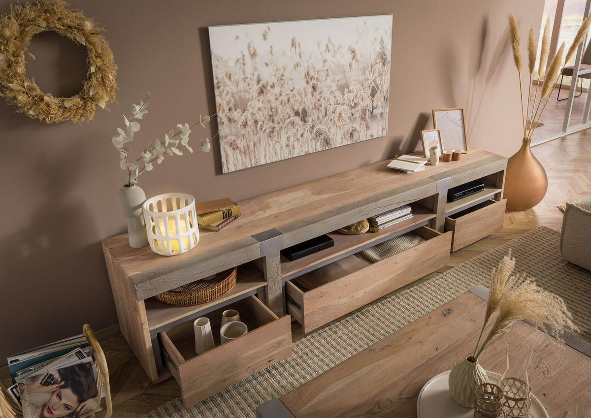 TV-BOARD Akazie 250x48x55 beige lackiert Amsterdam #127 - Beige, Holz (250/55/48cm) - Massivmoebel24