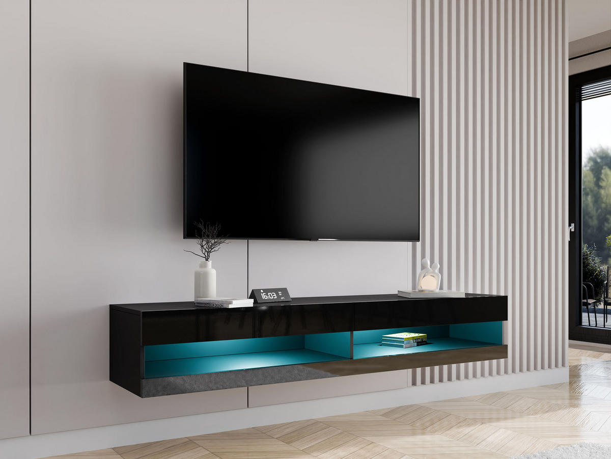 TV-LOWBOARD Vigo New 180 mit weißer LED Beleuchtung - Schwarz Hochglanz/Schwarz, Holzwerkstoff (180/30/40cm) - MIRJAN24