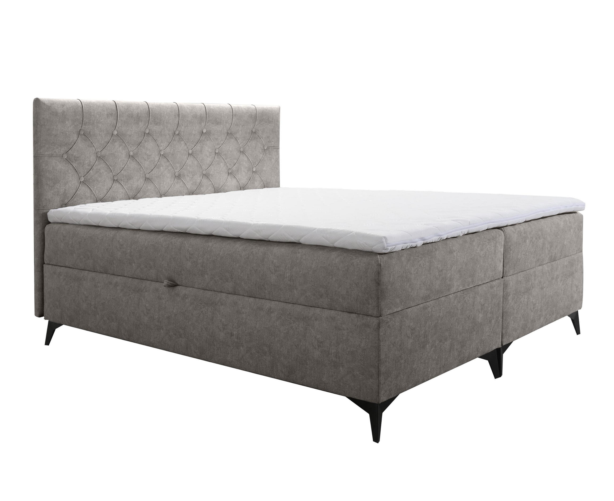 BOXBETT Palmeria 140/200 cm in Graubeige – mit Bettkasten und Topper - Taupe/Schwarz, Holz/Holzwerkstoff (140/200cm) - AX Living