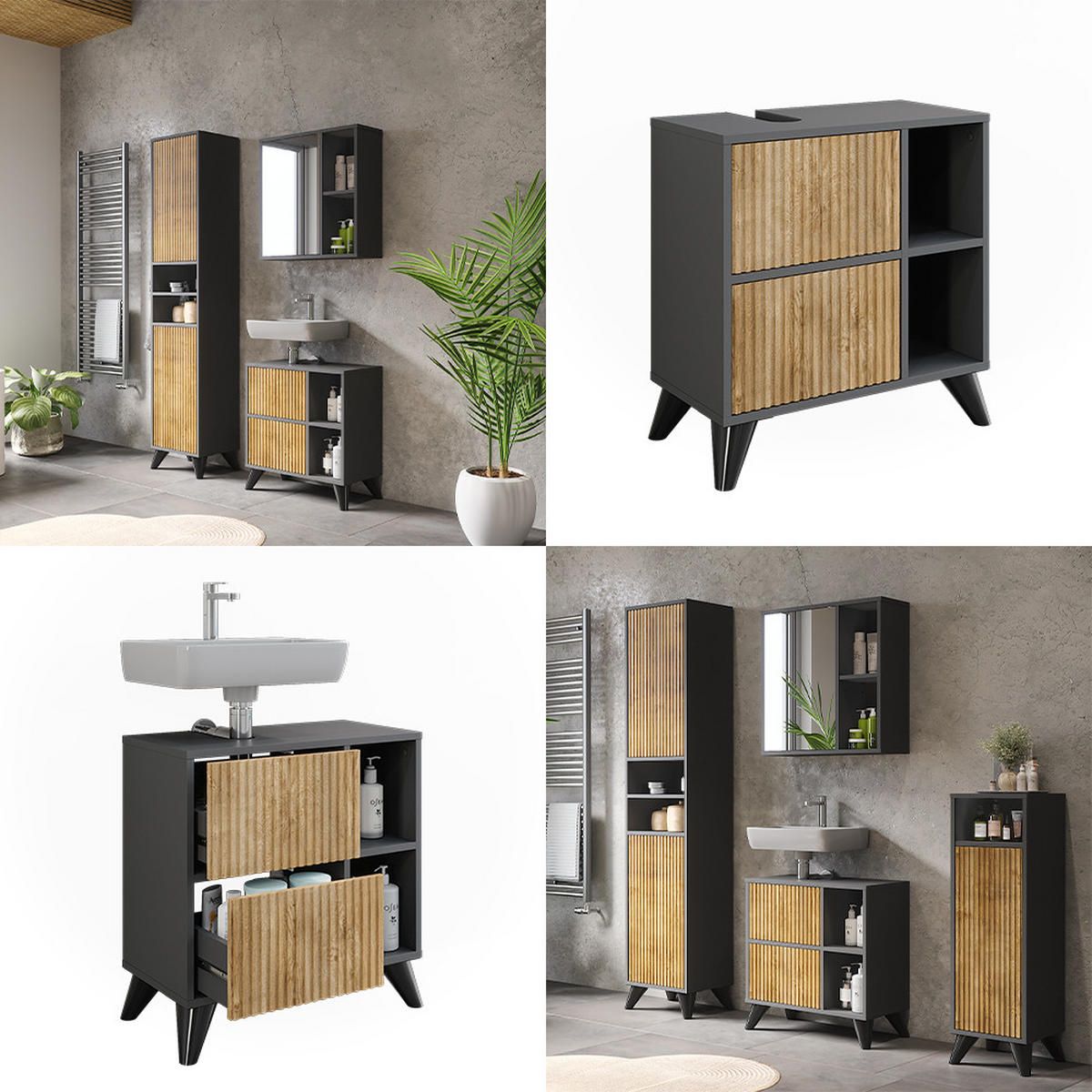 WASCHBECKENUNTERSCHRANK Leano Anthrazit/Bergeiche 60 x 62 cm mit 2 Schubladen - Anthrazit, Holzwerkstoff (60/62/30cm) - Vicco