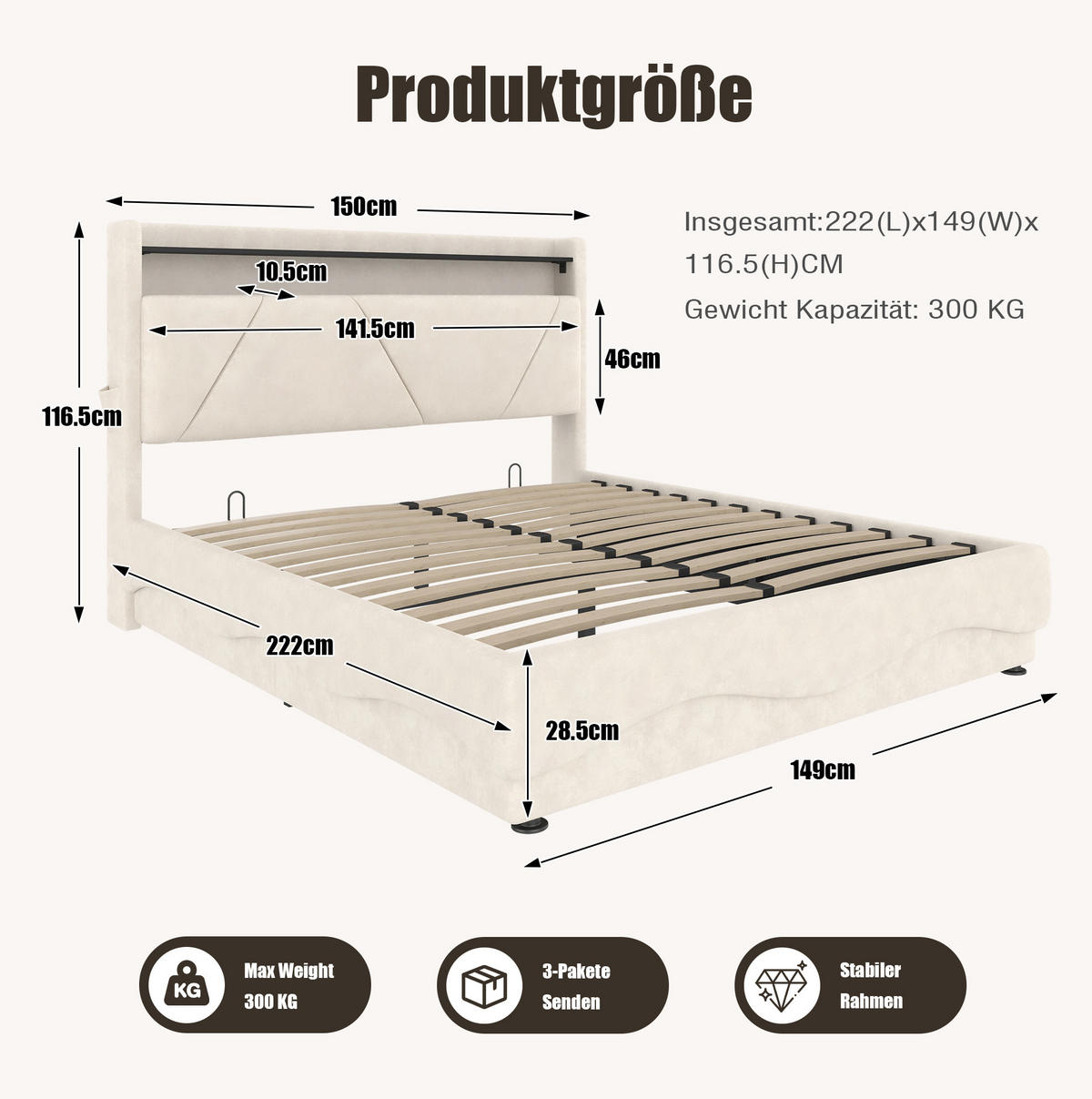 POLSTERBETT mit Stauraum 140x200 cm Samt Beige - Beige, Metall (140/200cm) - Meubliv