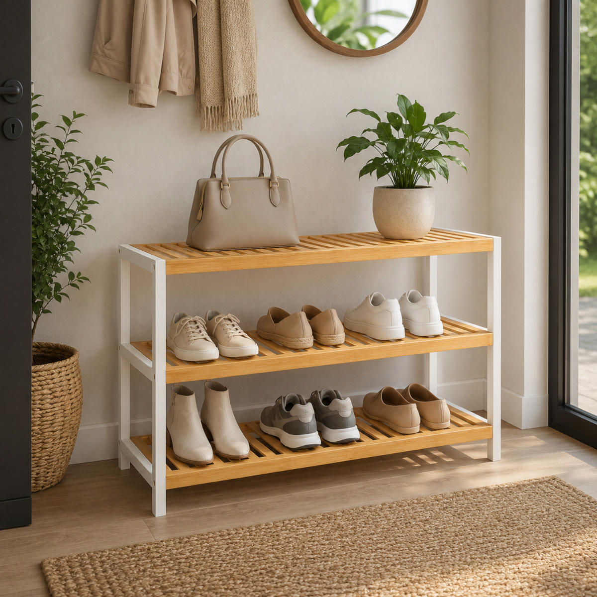 SCHUHREGAL Bambus Weiß Naturfarben 55x70x26 cm - Naturfarben/Weiß, Holz (70/55/26cm) - Begryf