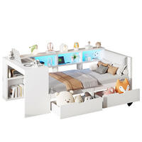 BETT 90/200 cm in Weiß mit Schubladen, LED-Beleuchtung und USB-Anschlüssen - Weiß, Holzwerkstoff (90/200cm) - Flora Grace