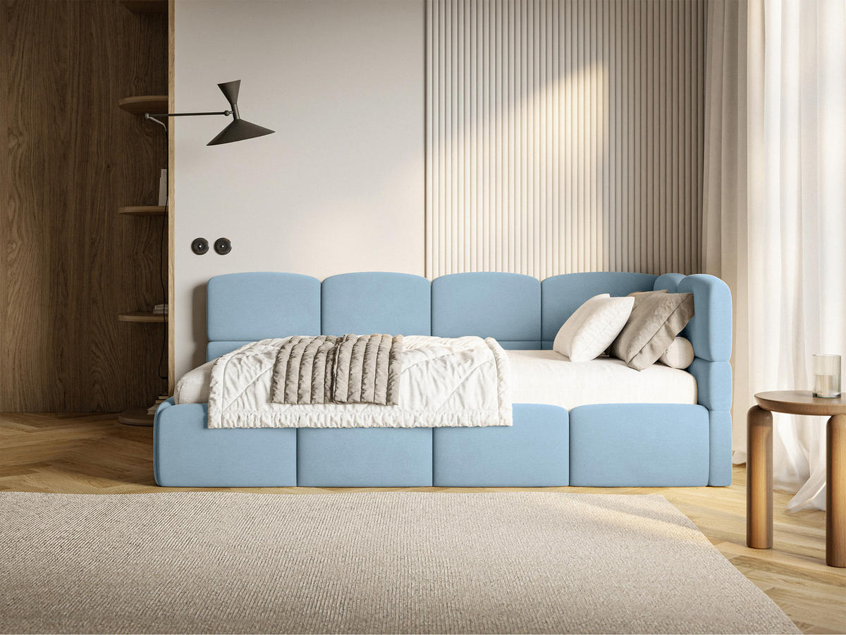 ŠTUDENTSKÁ POSTEĽ Cloudy svetlomodrá 90x200 cm, s matracom, záhlavie vpravo, zamat - svetlomodrá/čierna, textil/plast (90/200cm) - Selsey