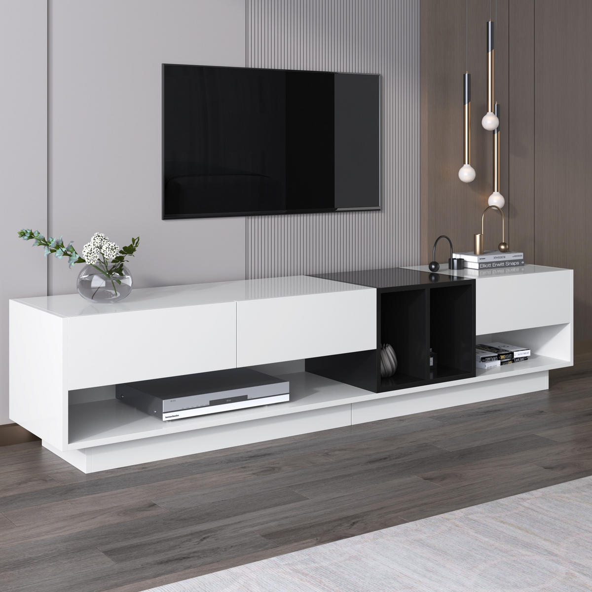 TV-SCHRANK in Weiß und Schwarz Hochglanz mit 3 Schubladen 190/40/42 cm - Weiß, Holzwerkstoff (190/42/40cm) - Redom