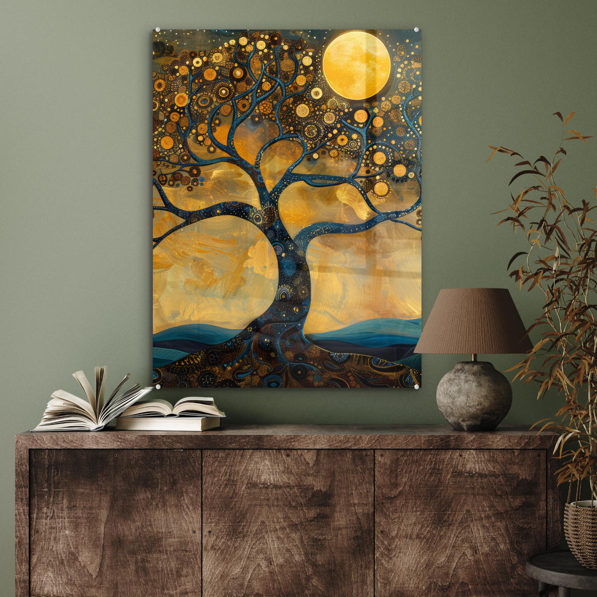 ACRYLGLASBILD Baum - Mond - Blumen - Gold - Kunst 60x80 cm - Orange, Glas (60/80cm) - MuchoWow