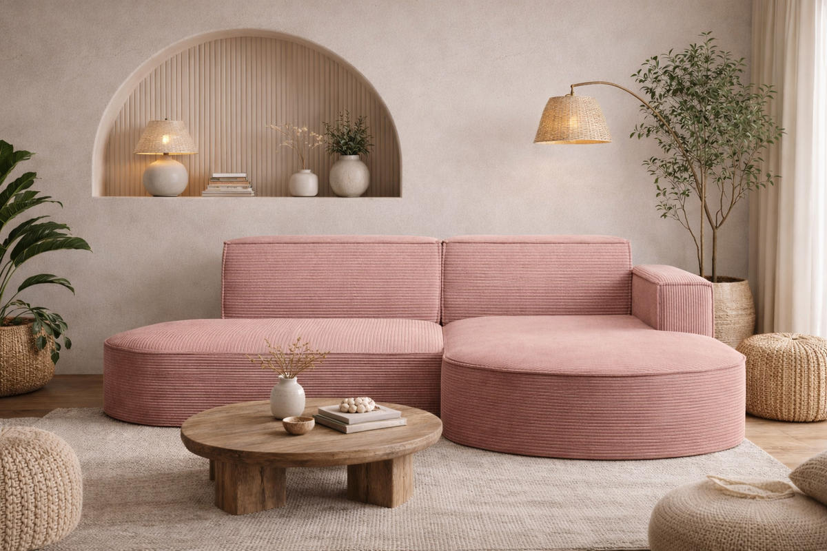 ECKSOFA Designer MODENA STUDIO, Cordstoff Poso, Rosa, Rechts - Rosa, Holzwerkstoff/Textil (236/165cm) - Kaiser Möbel