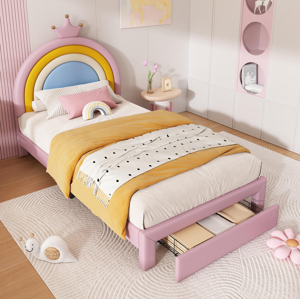 KINDER-POLSTERBETT aus PU 90x200 cm Rosa mit höhenverstellbarem Regenbogen-Kopfteil und Schublade - Pink, Kunststoff (90/200cm) - Modfu