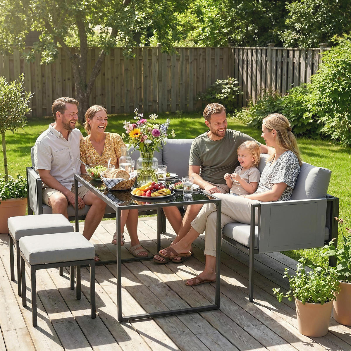 GARTENSET DE-13519 6-teilig mit Tisch & 2 Hockern Grau - Grau, Metall - ComfortXL