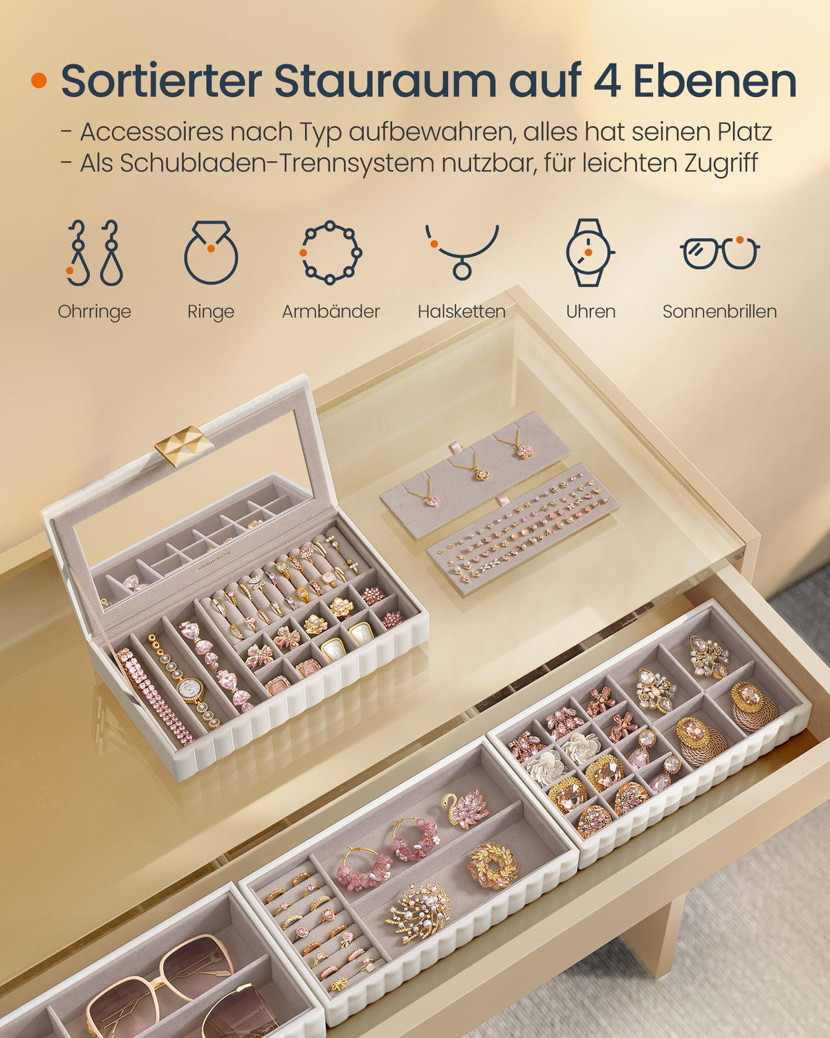 SCHMUCKAUFBEWAHRUNG Anah - Weiß, Leder (17/21/28cm) - SONGMICS HOME