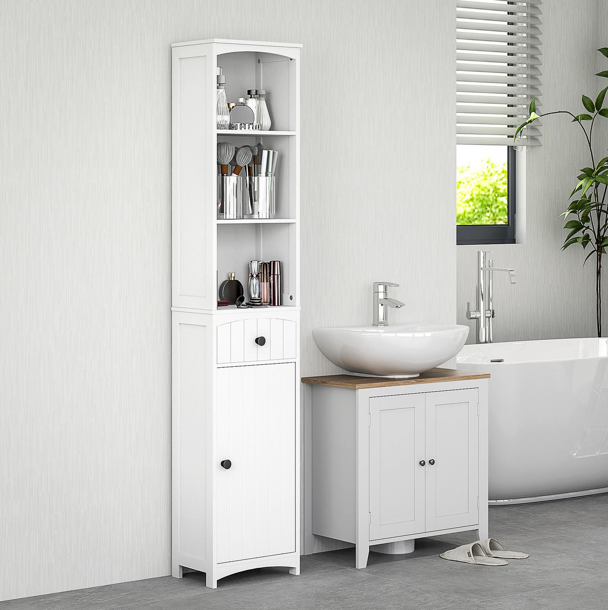 BADEZIMMERSCHRANK mit Schublade 34 x 24 x 170,5 cm Weiß - Weiß, Holz (24/170.5/34cm) - Beauniv