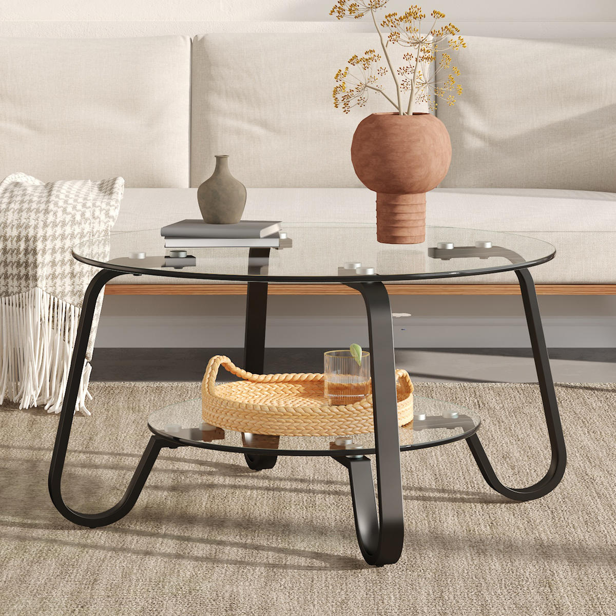 COUCHTISCH 80/80/45 cm schwarz aus Metall mit 2 Ebenen Sicherheitsglas - Schwarz, Metall (80/80/45cm) - OKWISH