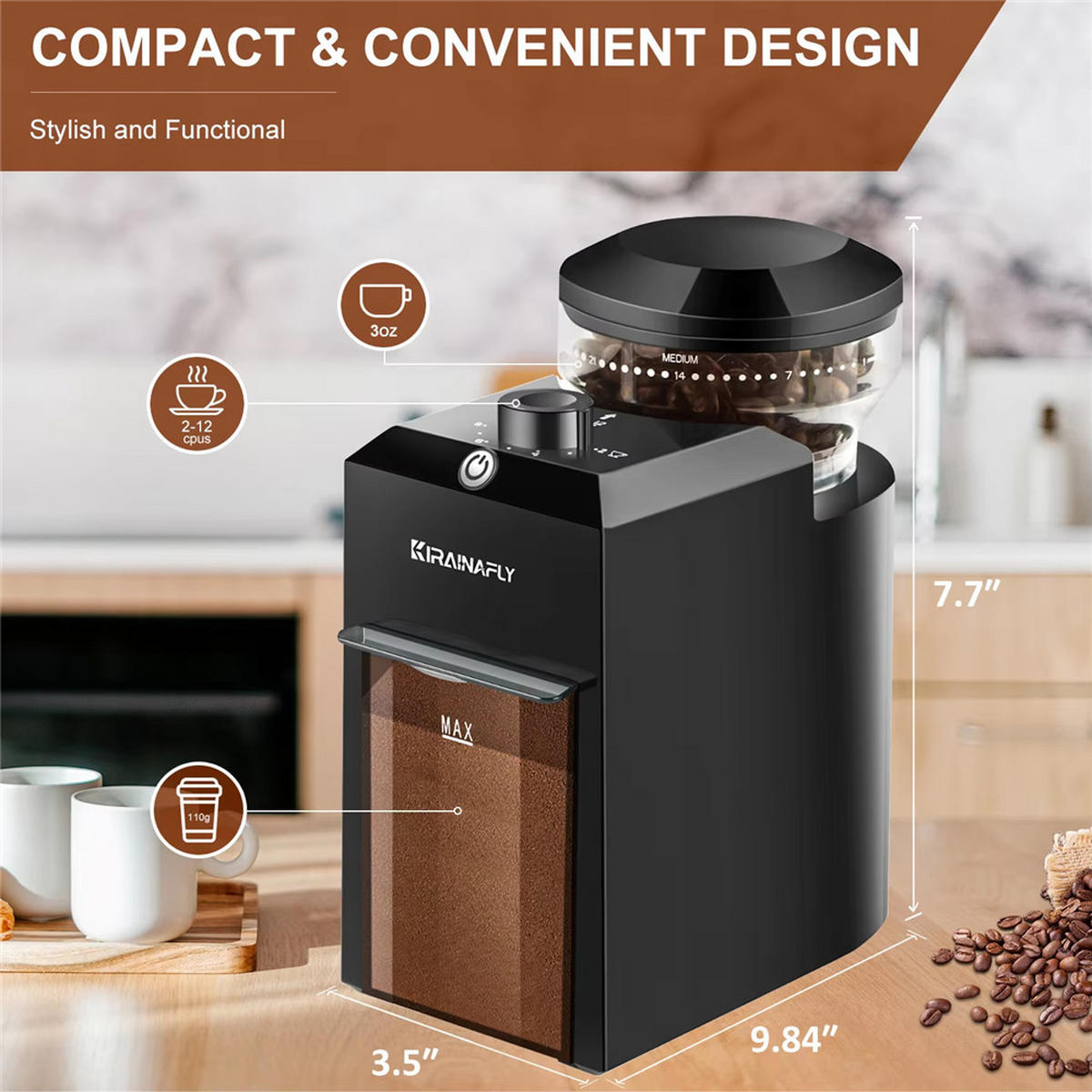 KAFFEEMÜHLE Elektrisch 28 Mahlgrade Espresso French Press - Schwarz, Kunststoff (8.89/19.56/25cm) - Bextcok