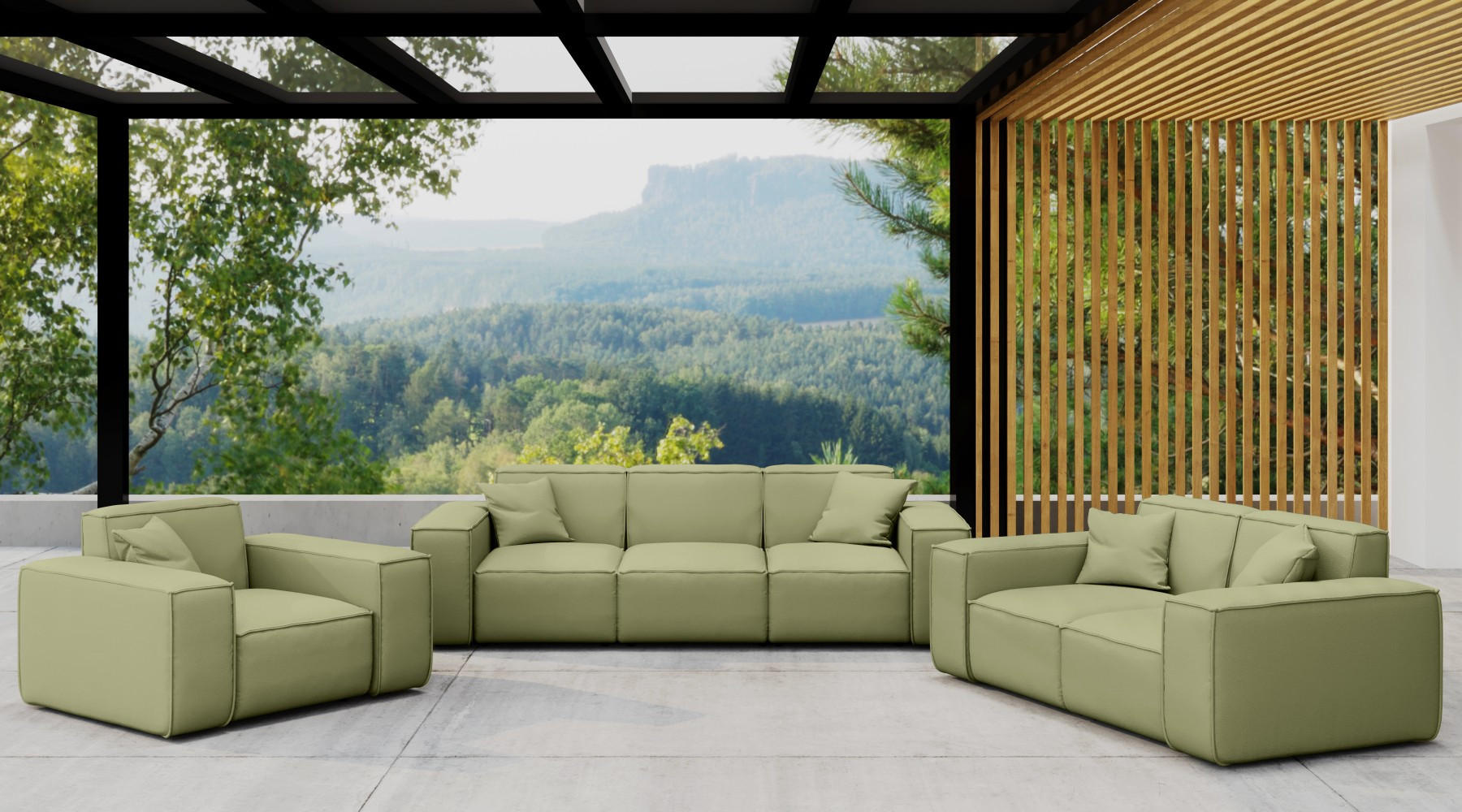 LOUNGEGARNITUR 3 2 1 Gartenmöbel, MALIBU Stoff Odyssey Hellgrün - Limette, Holz - Kaiser Möbel