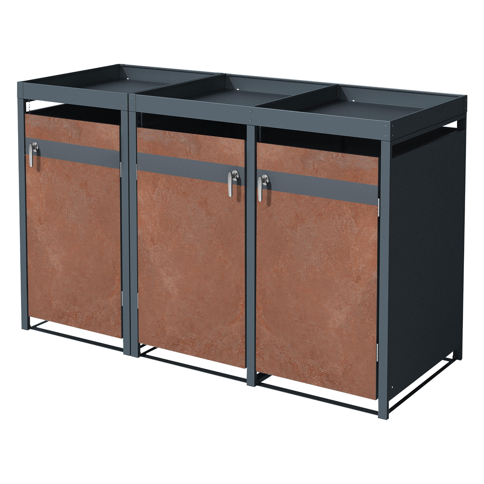 MÜLLTONNENBOX 3er mit Pflanzdach Anthrazit-Rostoptik - Rotbraun, Metall (80/124/200cm) - ML-DESIGN