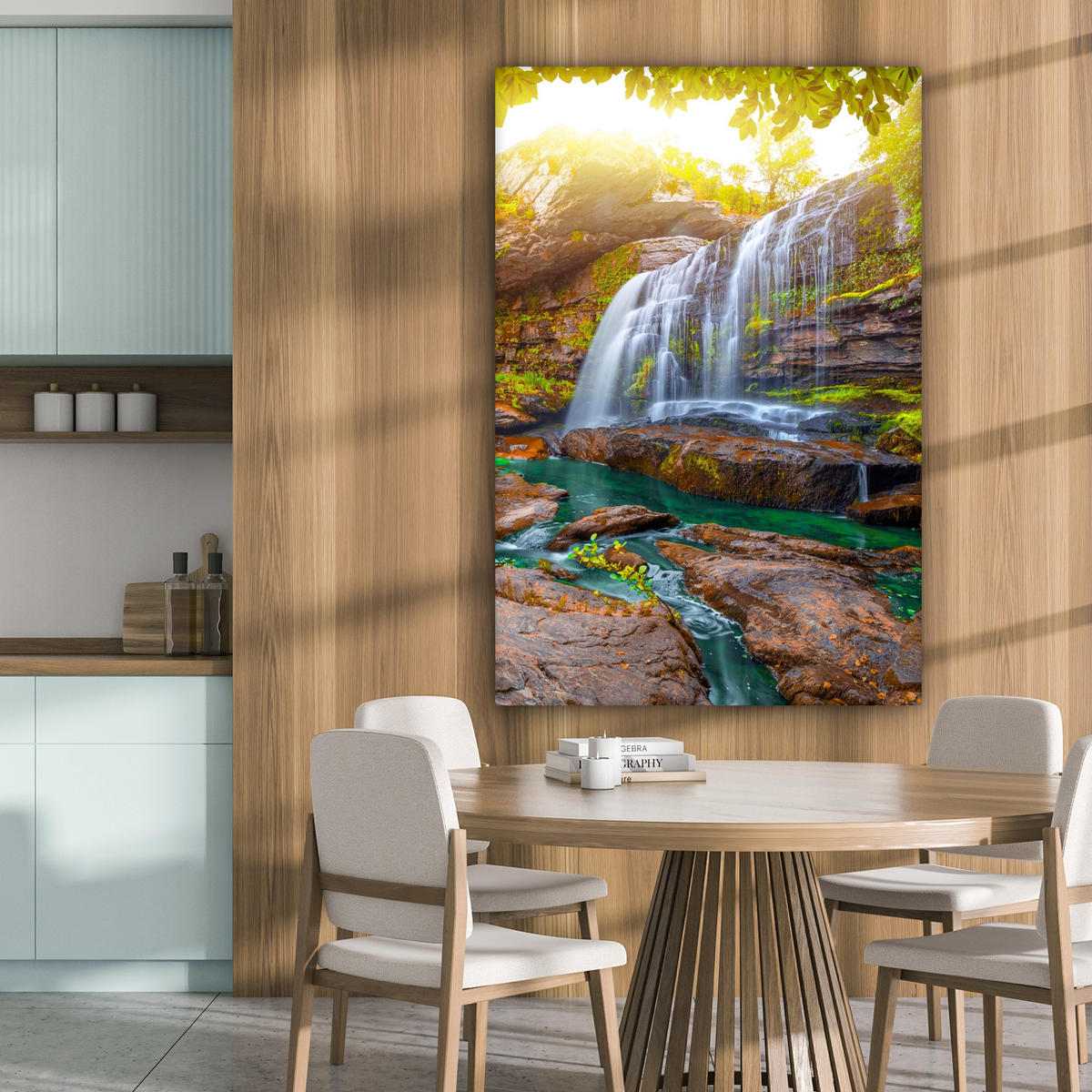 LEINWANDBILD Natur - Wasserfall - Pflanzen - Bäume - Sonne 80x120 cm - Olivgrün, Textil (80/120cm) - MuchoWow