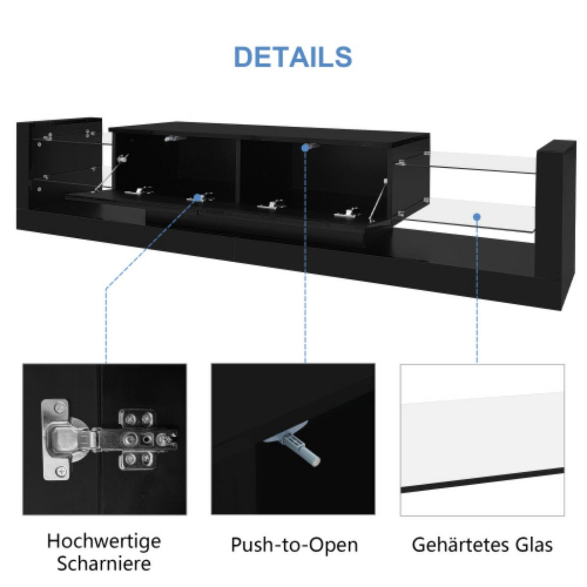 TV stolík 181/38/38 cm čierny s LED osvetlením a sklopnými zásuvkami z drevotriesky - čierna, kompozitné drevo (181/38/38cm) - OKWISH