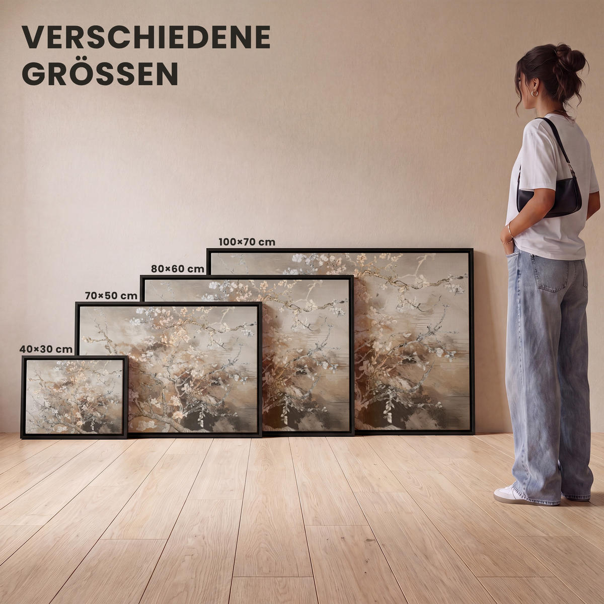LEINWAND Bilder mit Rahmen - Mandelblüte - Kunst - Van Gogh - Beige - Abstrakt - 100x70 - Braun, Textil (100/70cm) - MuchoWow