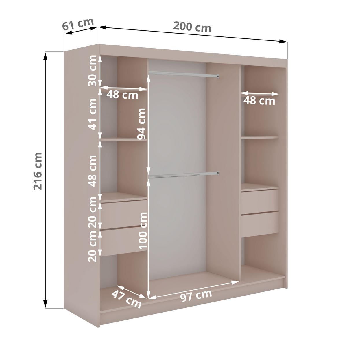 SCHWEBETÜRENSCHRANK mit Spiegel und Schubladen - WALENCJA - 200 - Kaschmir-Grau lacobel - Kaschmir/Alufarben, Holzwerkstoff/Metall (200/216/61cm) - MKS