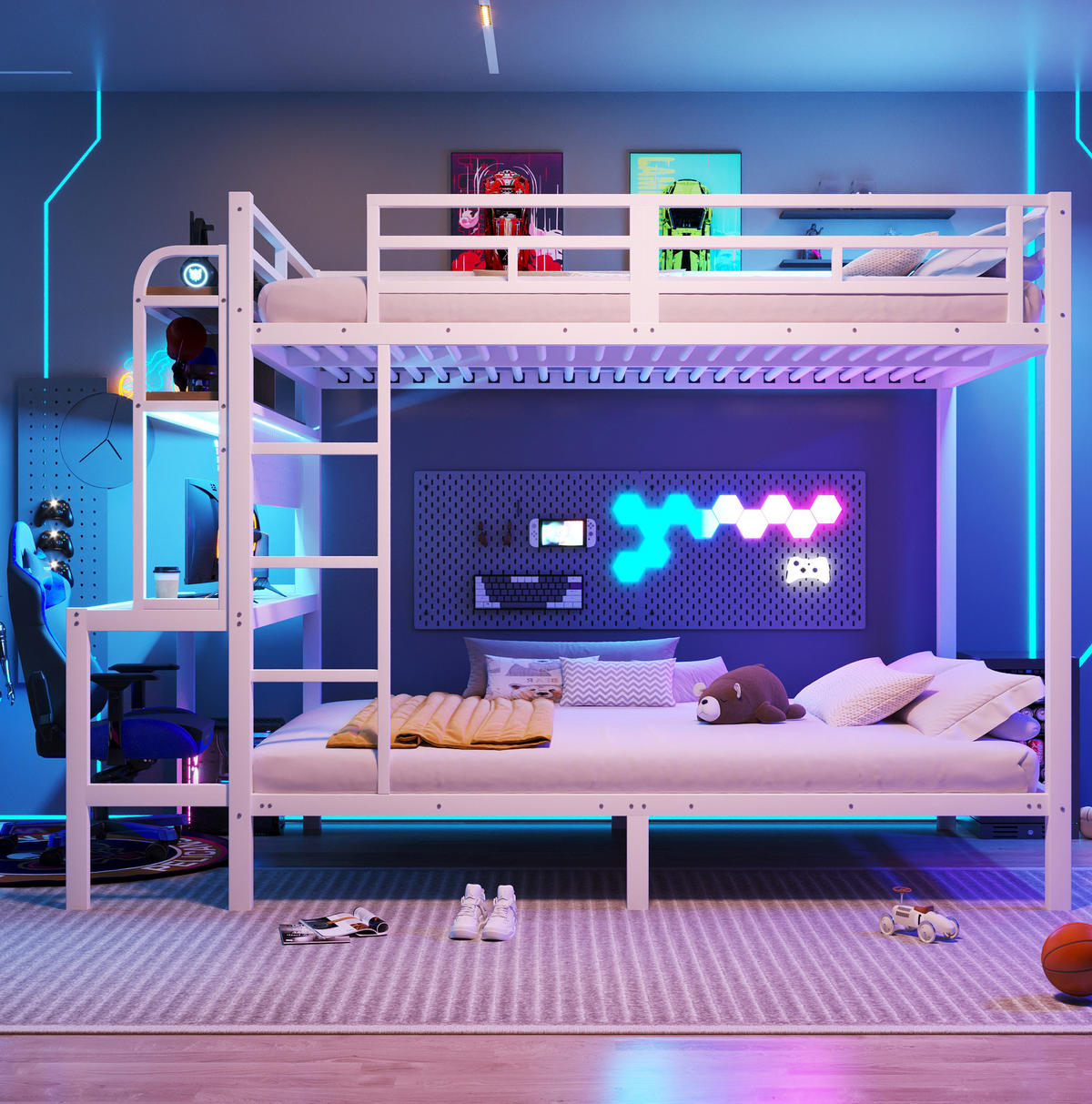 ETAGENBETT 140/200 cm Weiß mit Schreibtisch und LED-Beleuchtung mit USB-Anschluss aus Metall - Weiß, Metall (140/200cm) - OKWISH