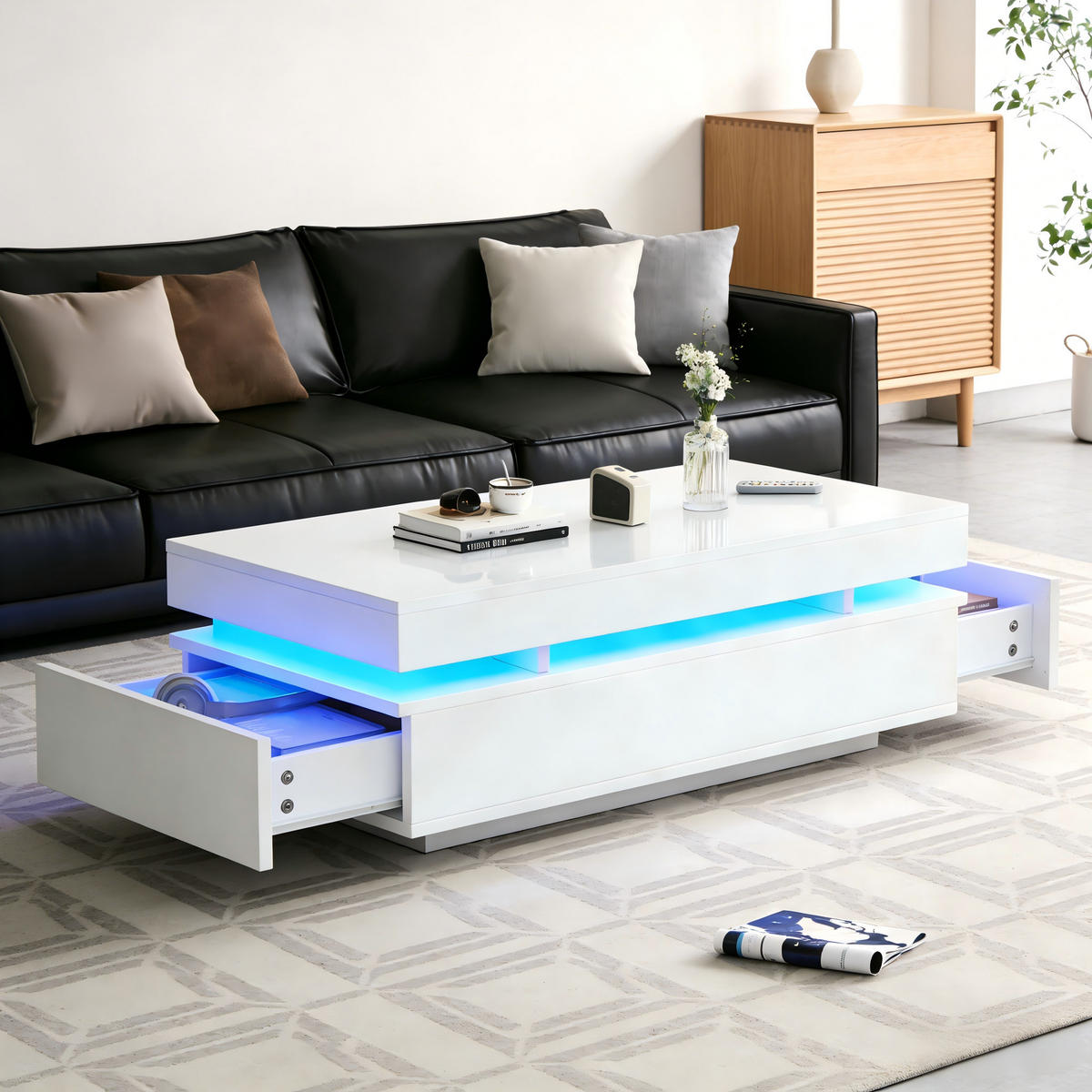 COUCHTISCH 100/50/35 cm weiß aus Spanplatte mit 2 Schubladen und LED-Beleuchtung - Weiß, Holzwerkstoff (100/50/35cm) - OKWISH