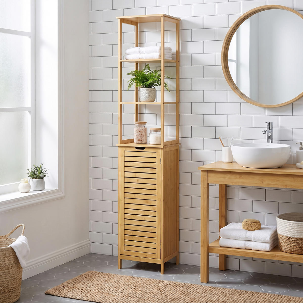 BADEZIMMERSCHRANK Bambus Hochschrank mit 3 offenen Fächern & Lamellentür - Naturfarben, Naturmaterialien (34/173/30cm) - Urban Meuble