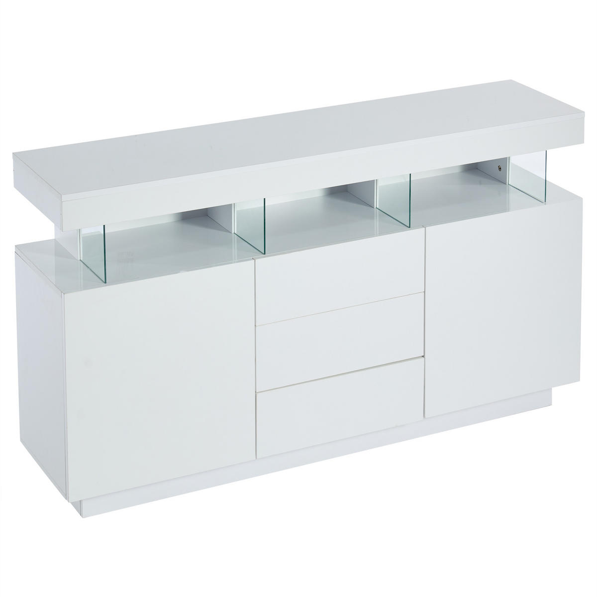 SIDEBOARD Hochglanz Weiß LED Glasfächer 3 Schubladen 2 Türen 140/35/80 cm Acryl modern - Weiß, Holzwerkstoff/Kunststoff (140/80/35cm) - EVRYAE