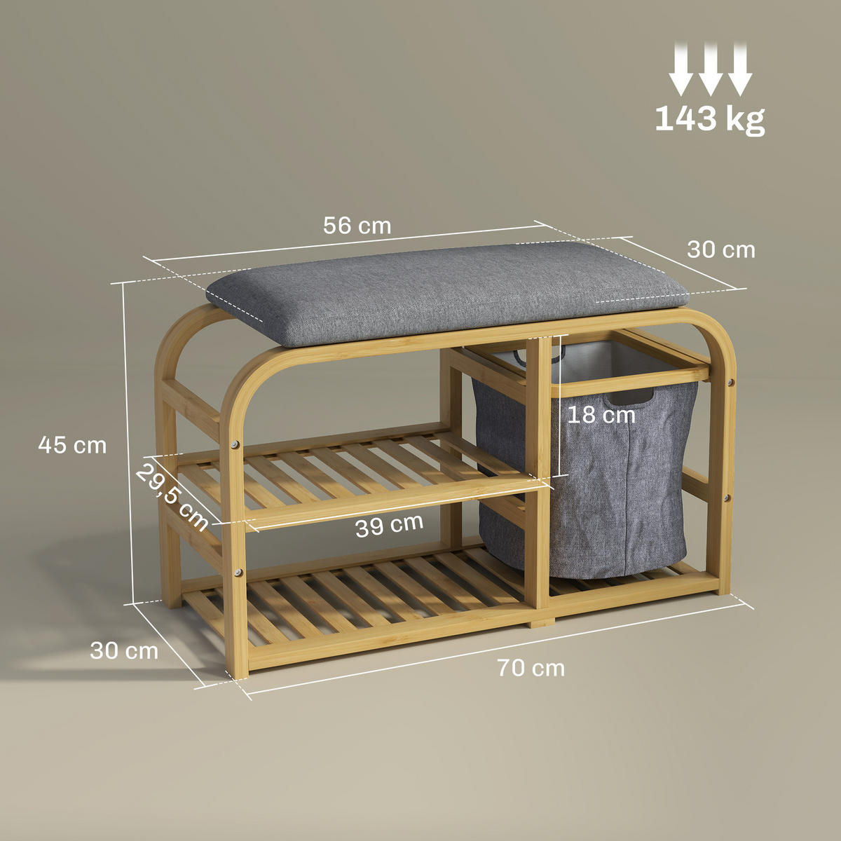 SCHUHBANK Natur mit Sitzkissen und Korb 70/30/45 cm - Naturfarben, Holz (70/45/30cm) - PANGIVO