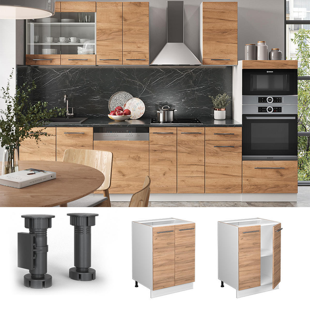 KÜCHENUNTERSCHRANK Fame-Line Goldkraft Eiche 60 cm, AP Marmor - Eiche Wotan/Weiß, Holzwerkstoff (60/82/60cm) - Vicco