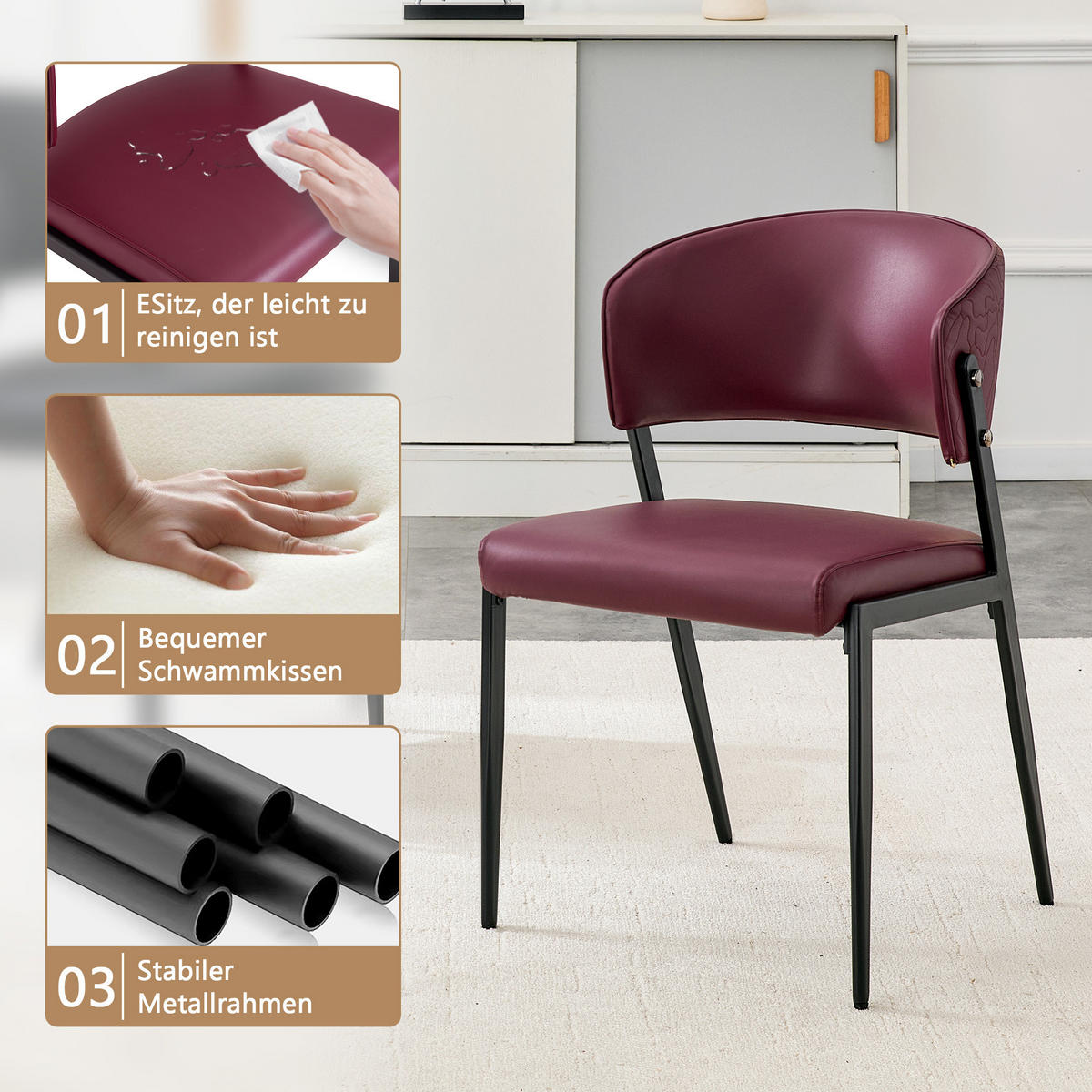 STUHL-SET DE-36686 2 Stück mit Kunstlederbezug und Metallgestell Rot - Rot, Metall (49/78/51cm) - ComfortXL