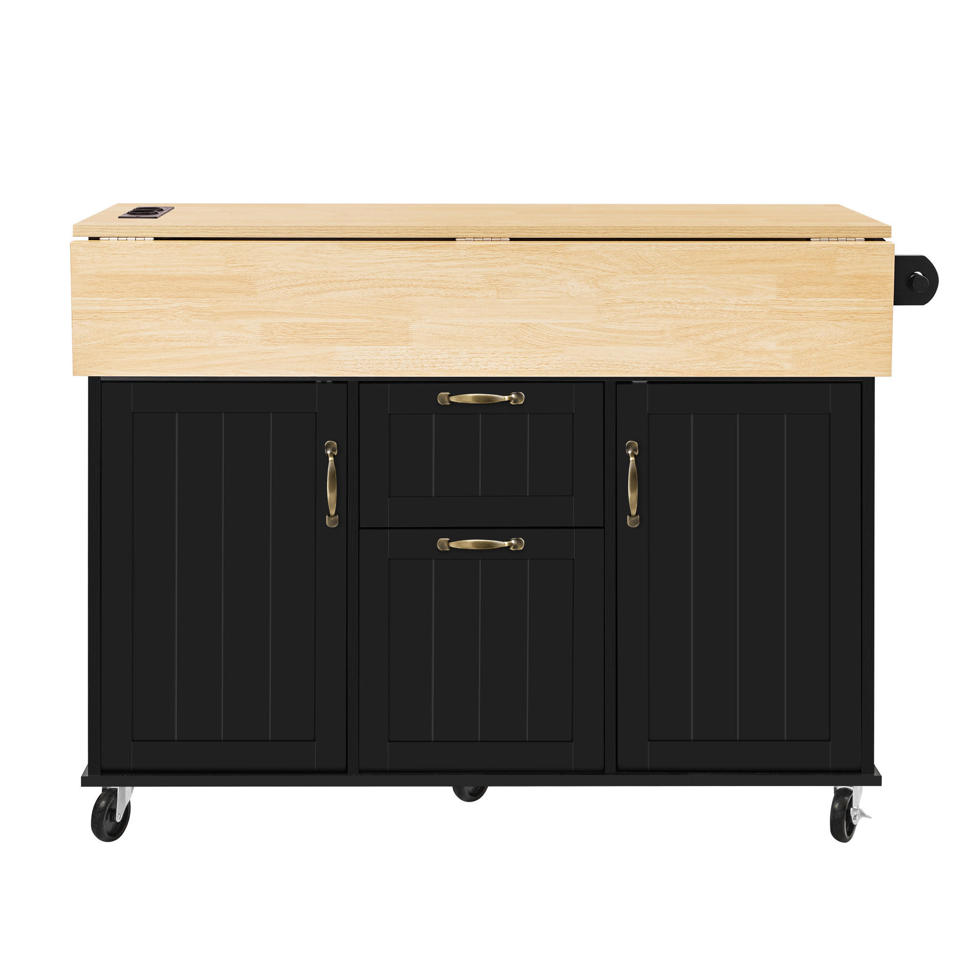 Modfu KUCHYŇSKÝ ostrůvek z MDF 120x80x92 cm černá/přírodní se sklápěcí deskou, zásuvkami, kolečky a elektrickým modulem